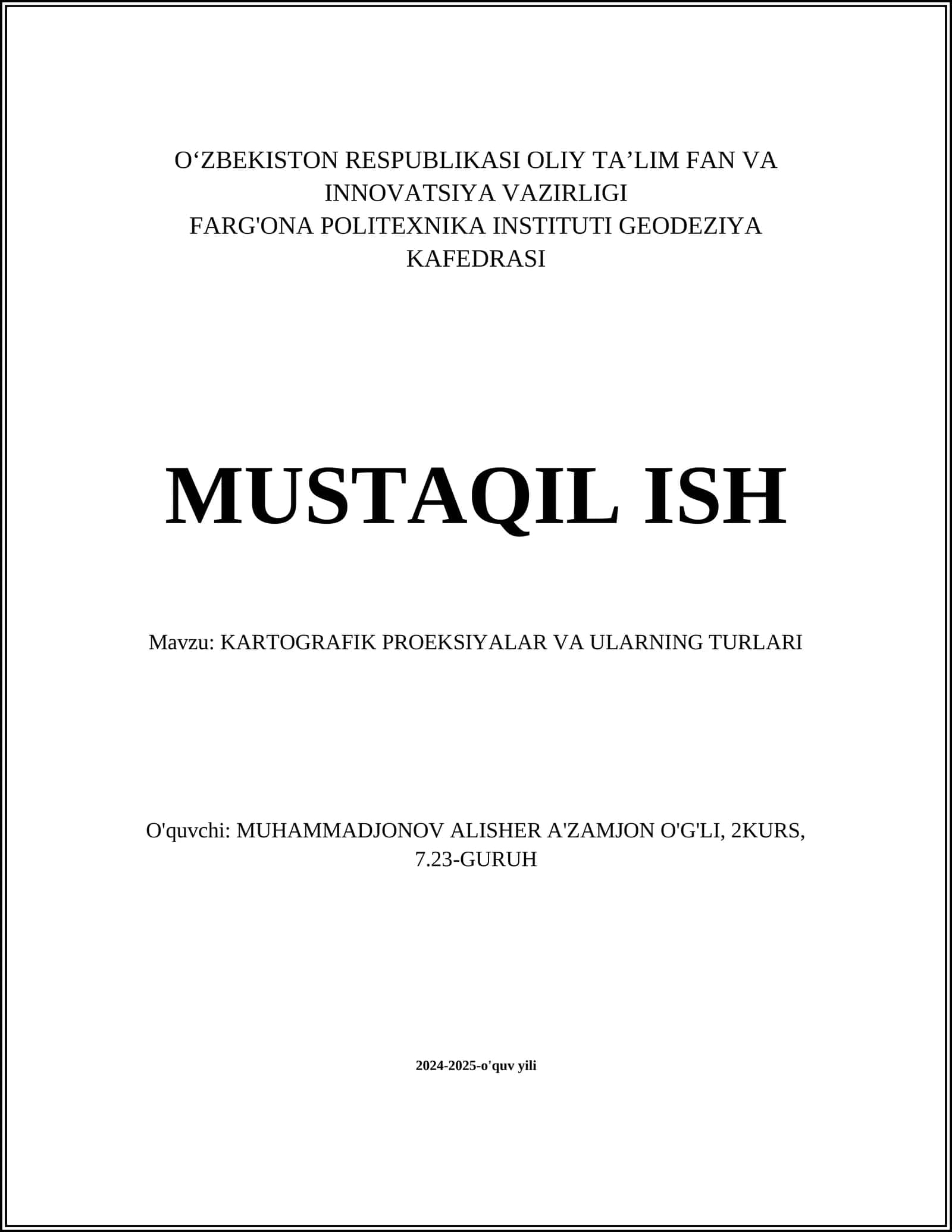 KARTOGRAFIK PROEKSIYALAR VA ULARNING TURLARI