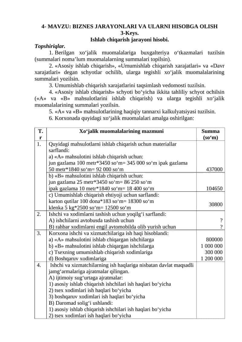 BIZNES JARAYONLARI VA ULARNI HISOBGA OLISH