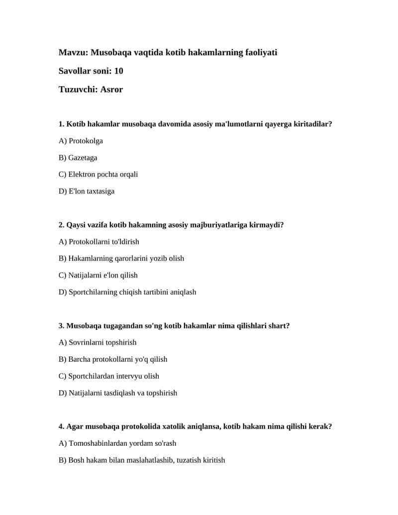 Musobaqa vaqtida kotib hakamlarning faoliyati