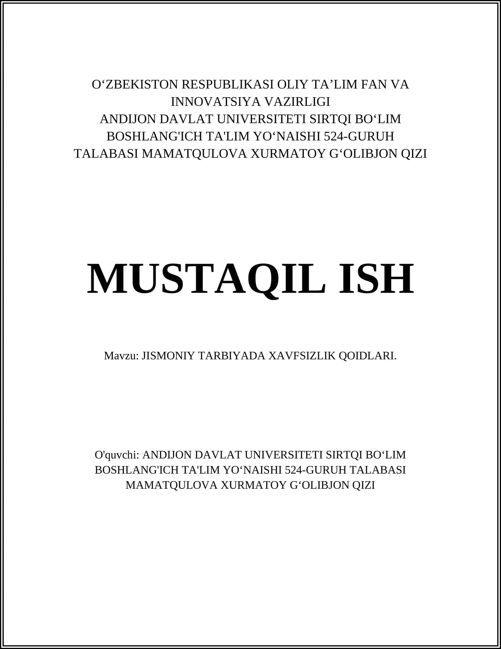 JISMONIY TARBIYADA XAVFSIZLIK QOIDLARI
