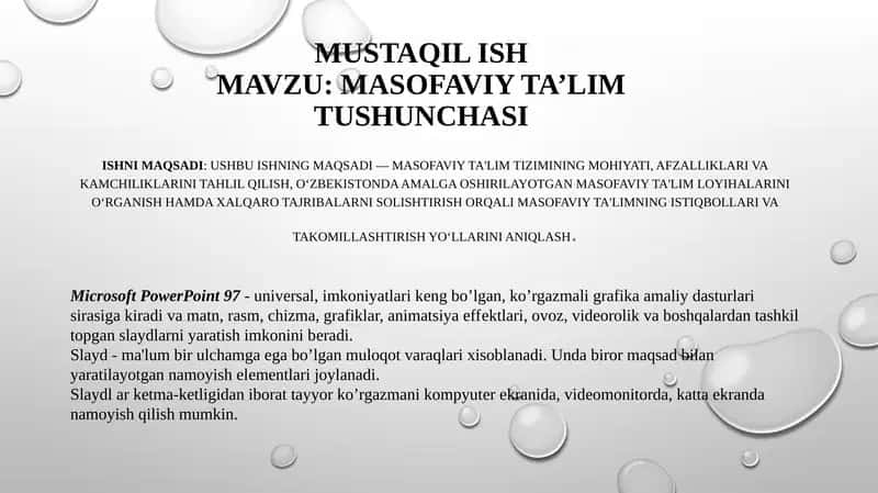 Mustaqilish Mavzu: Masofaviy Ta’lim Tushunchasi