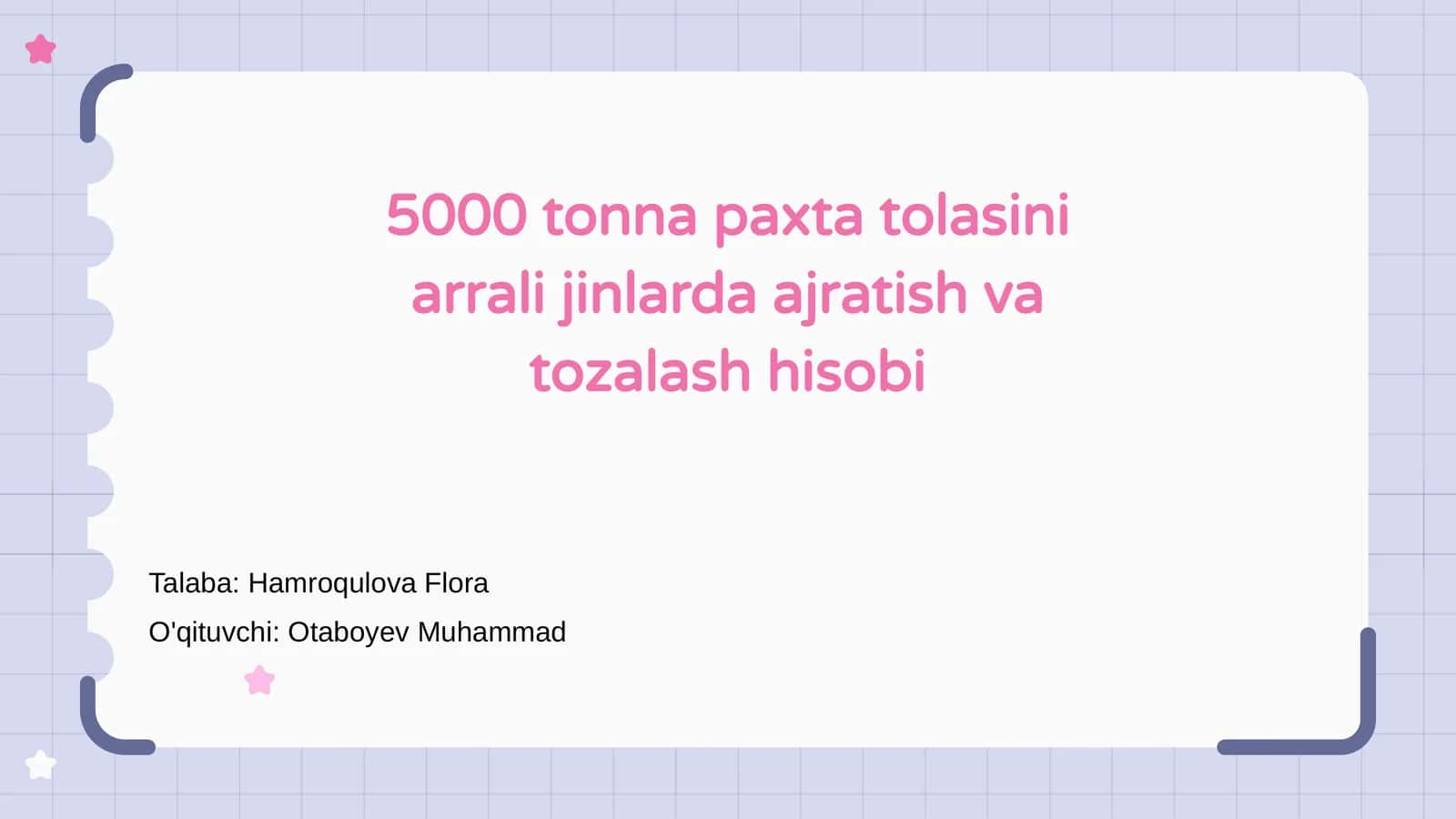 Paxta tolasini arrali jinlarda ajratish va tozalash hisobi
