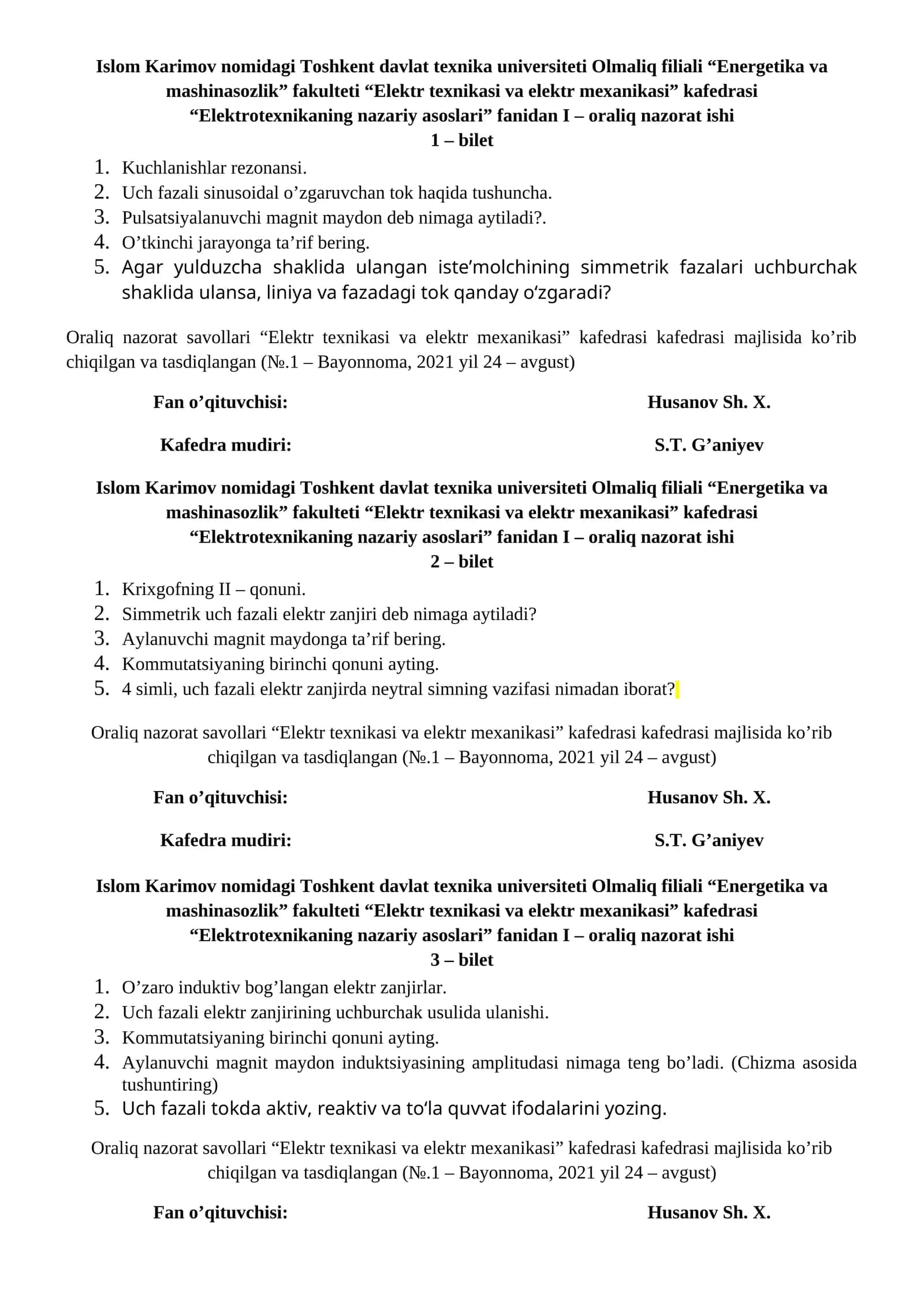 Elektrotexnikaning nazariy asoslari fanidan I – oraliq nazorat ishi