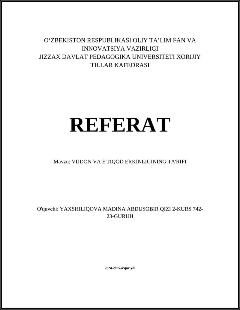VIJDON VA E'TIQOD ERKINLIGINING TA'RIFI