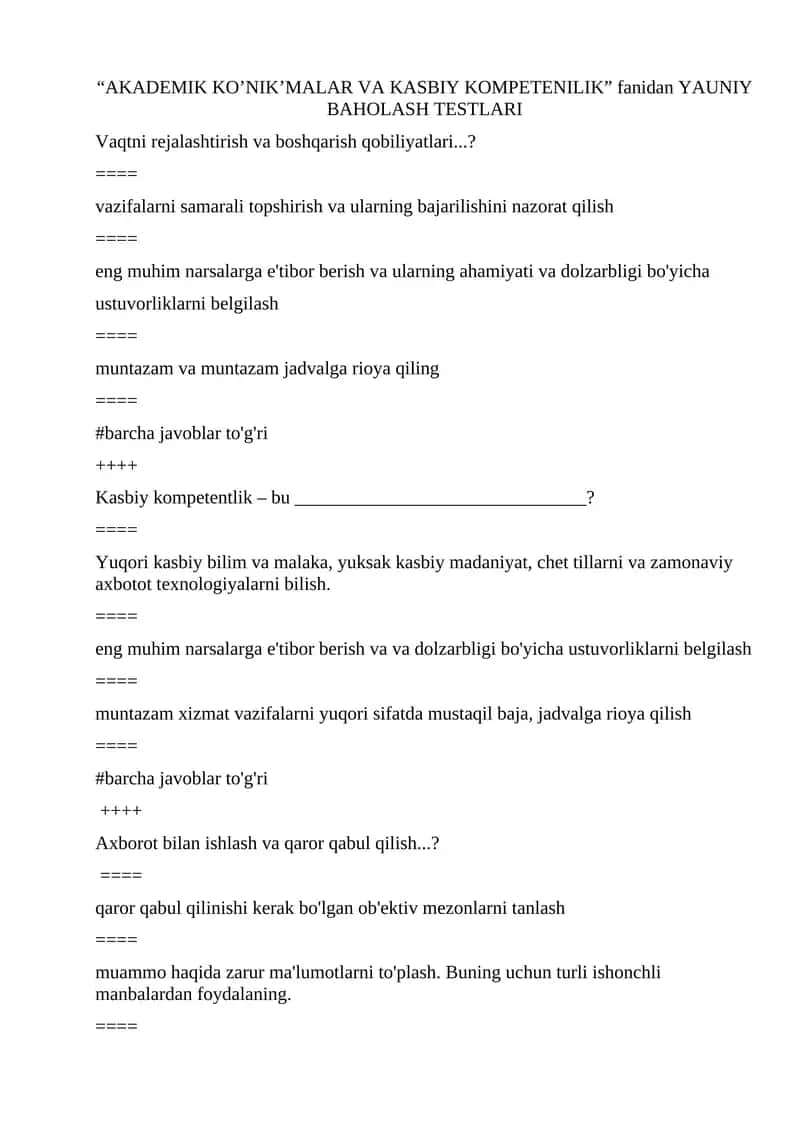 AKADEMIK KO’NIK’MALAR VA KASBIY KOMPETENILIK fanidan YAUNIY BAHOLASH TESTLARI