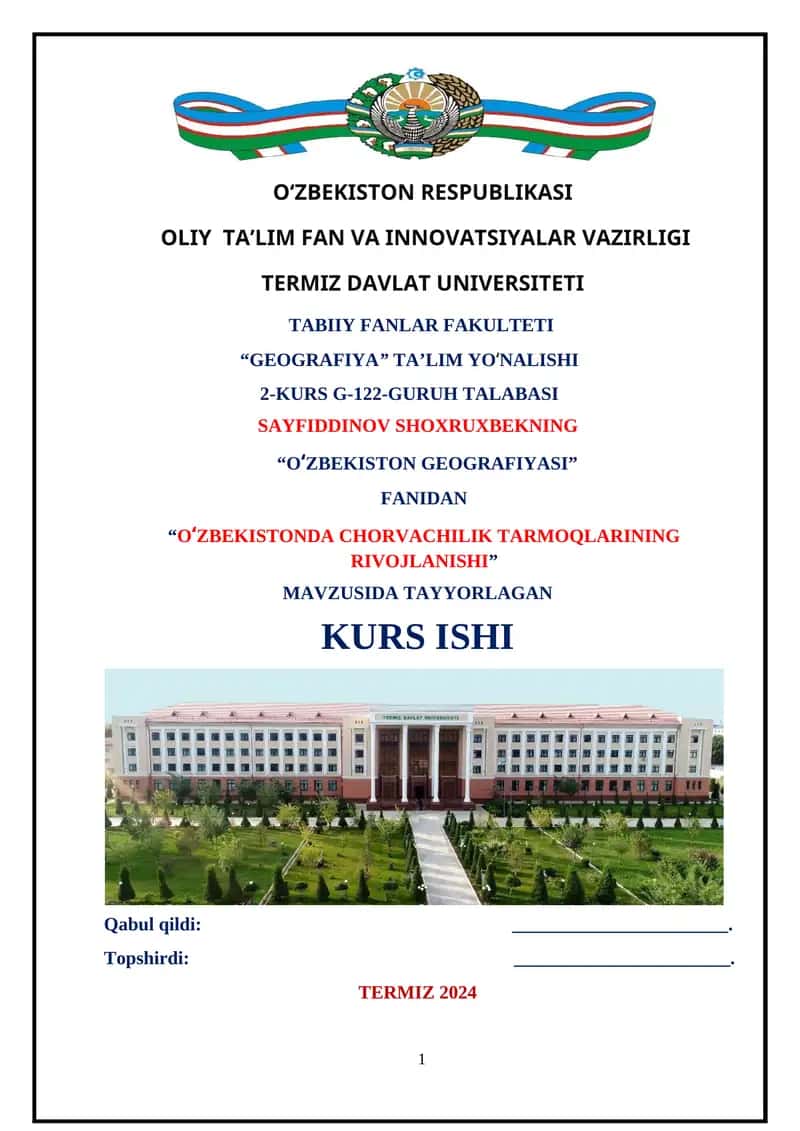 O‘ZBEKISTONDA CHORVACHILIK TARMOQLARINING RIVOJLANISHI kurs ishi