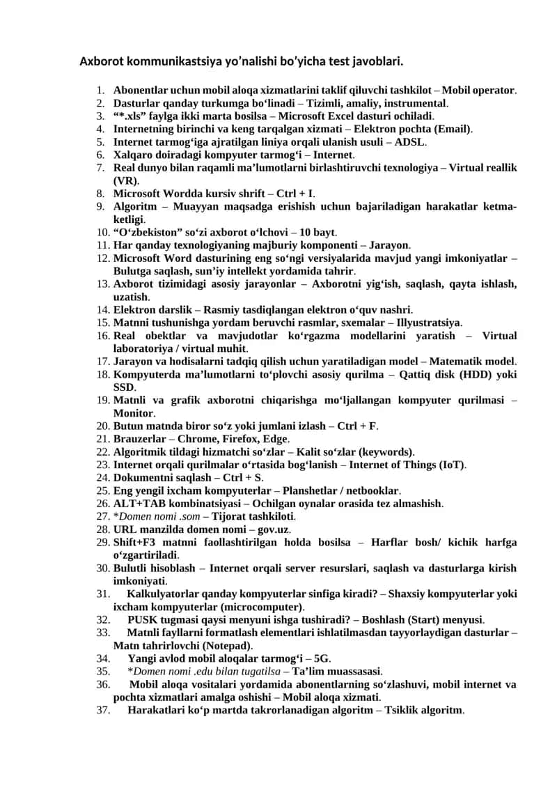Argos 2025 Axborot kommunikastsiya yo’nalishi bo’yicha test javoblari