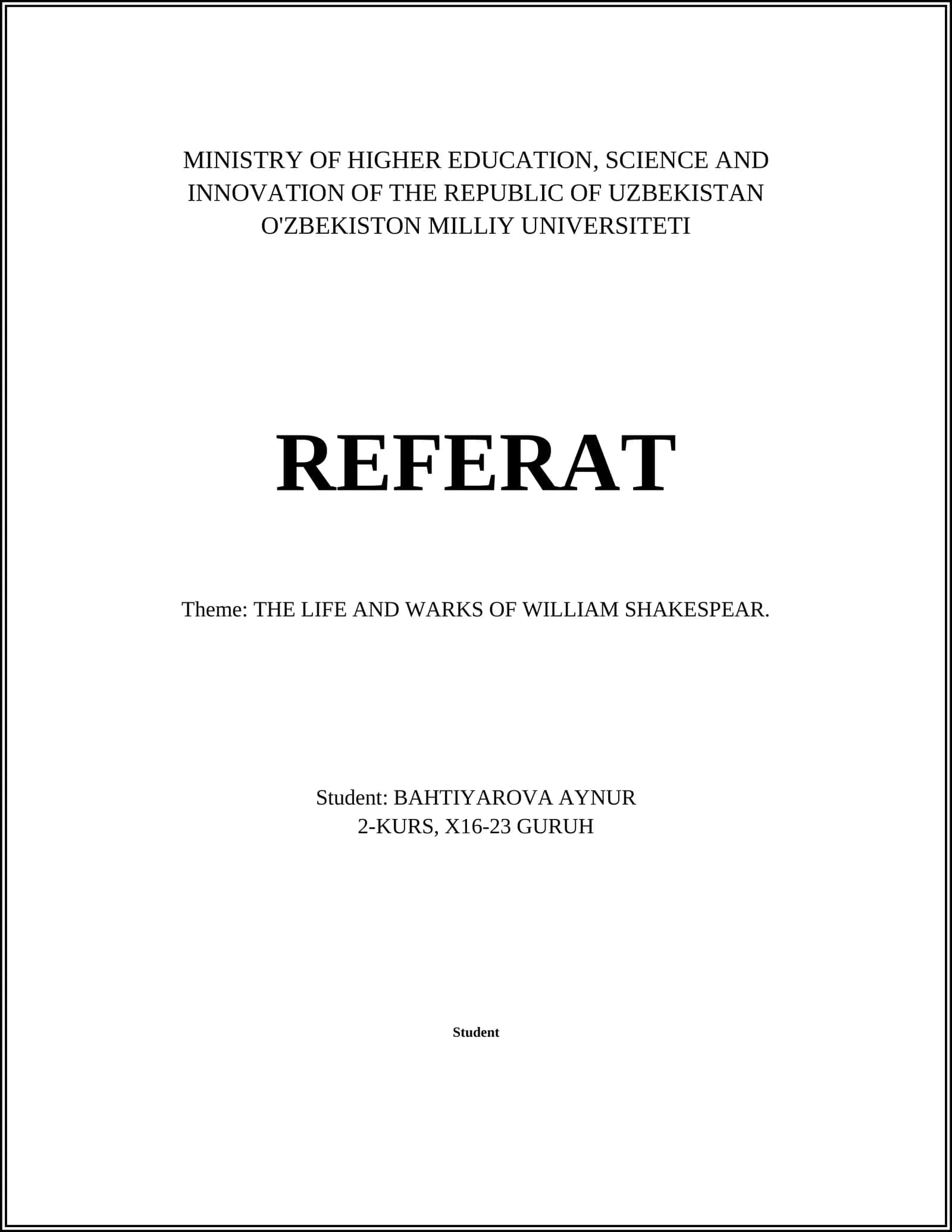 REFERAT Theme: THE LIFE AND WARKS OF WILLIAM SHAKESPEAR