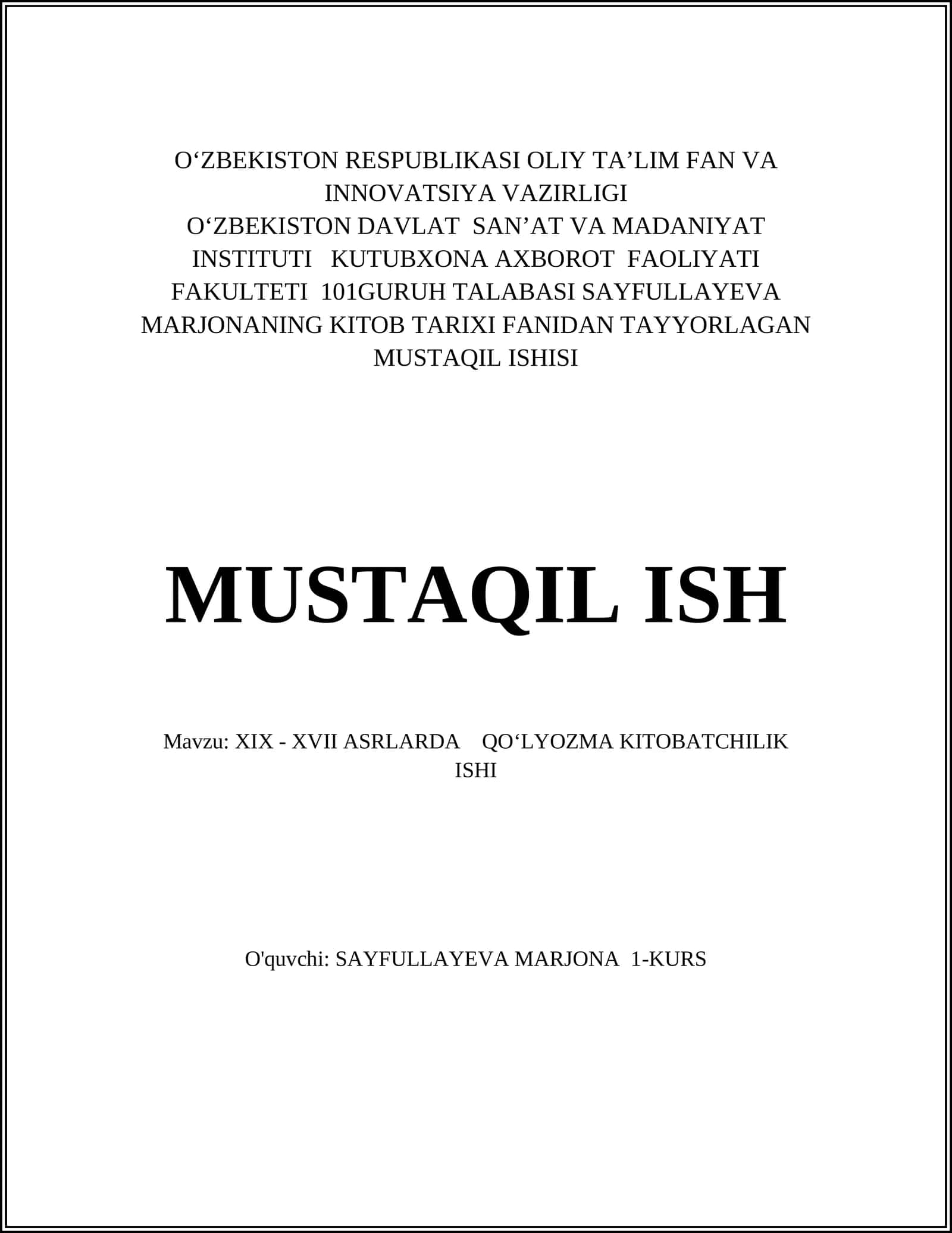 XIX - XVII ASRLARDA QO‘LYOZMA KITOBATCHILIK ISHI