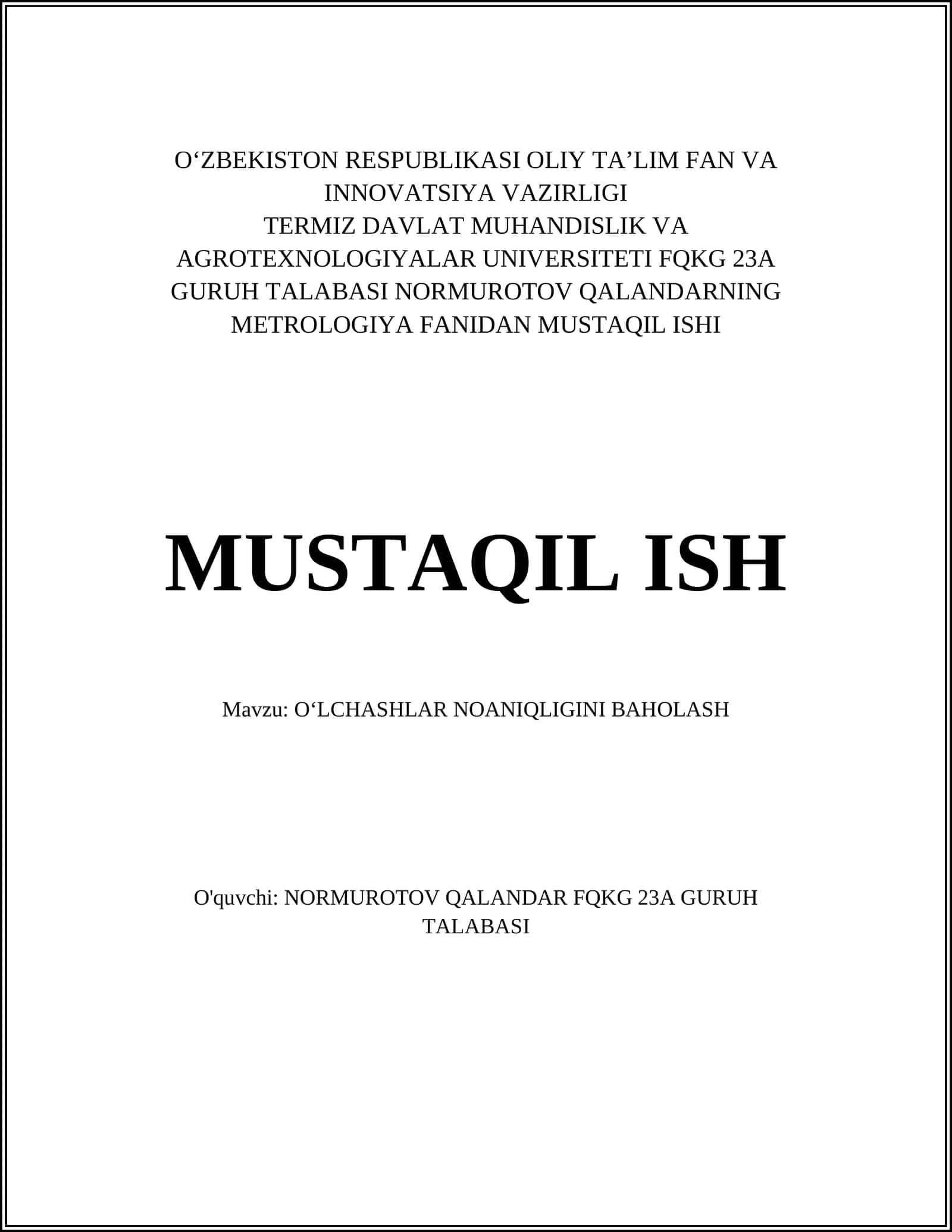 METROLOGIYA FANIDAN MUSTAQIL ISHI