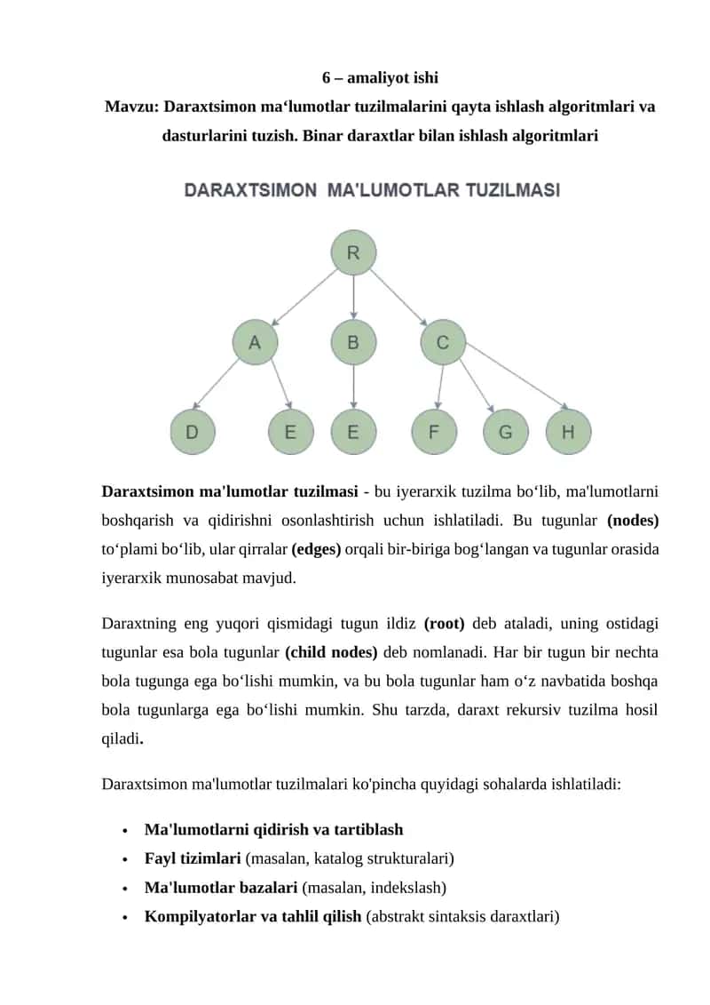 Daraxtsimon ma‘lumotlar tuzilmalarini qayta ishlash algoritmlari va dasturlarini tuzish. Binar daraxtlar bilan ishlash algoritmlari