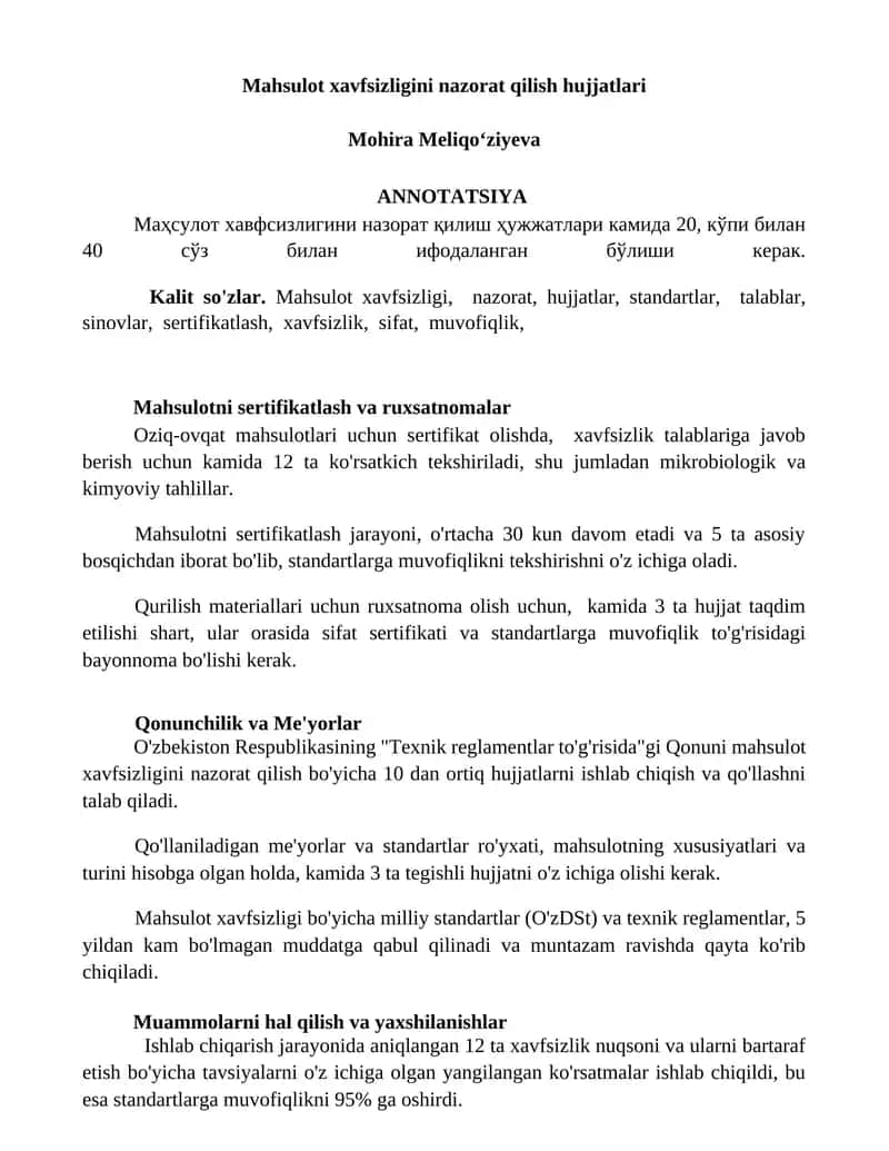 Mahsulot xavfsizligini nazorat qilish hujjatlari
