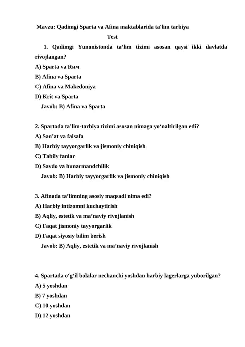 Qadimgi Sparta va Afina maktablarida ta'lim tarbiya