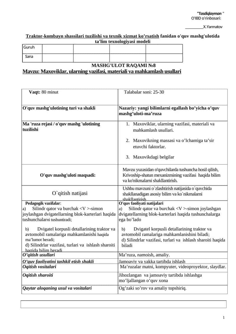 Traktor-kombayn shassilari tuzilishi va texnik xizmat ko’rsatish fаnidan o'quv mashg'ulotida ta'lim texnologiyasi modeli