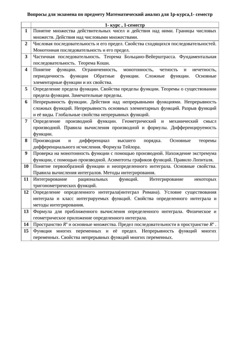 Вопросы для экзамена по предмету Математический анализ