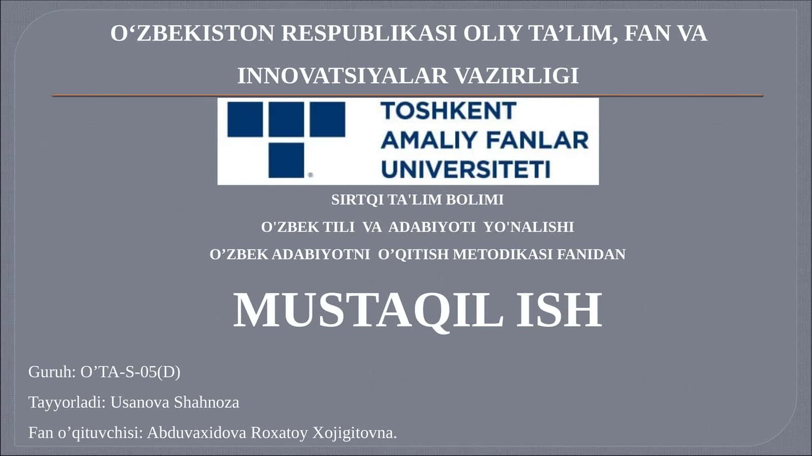 O’zbek Adabiyotni O’qitish Metodikasi