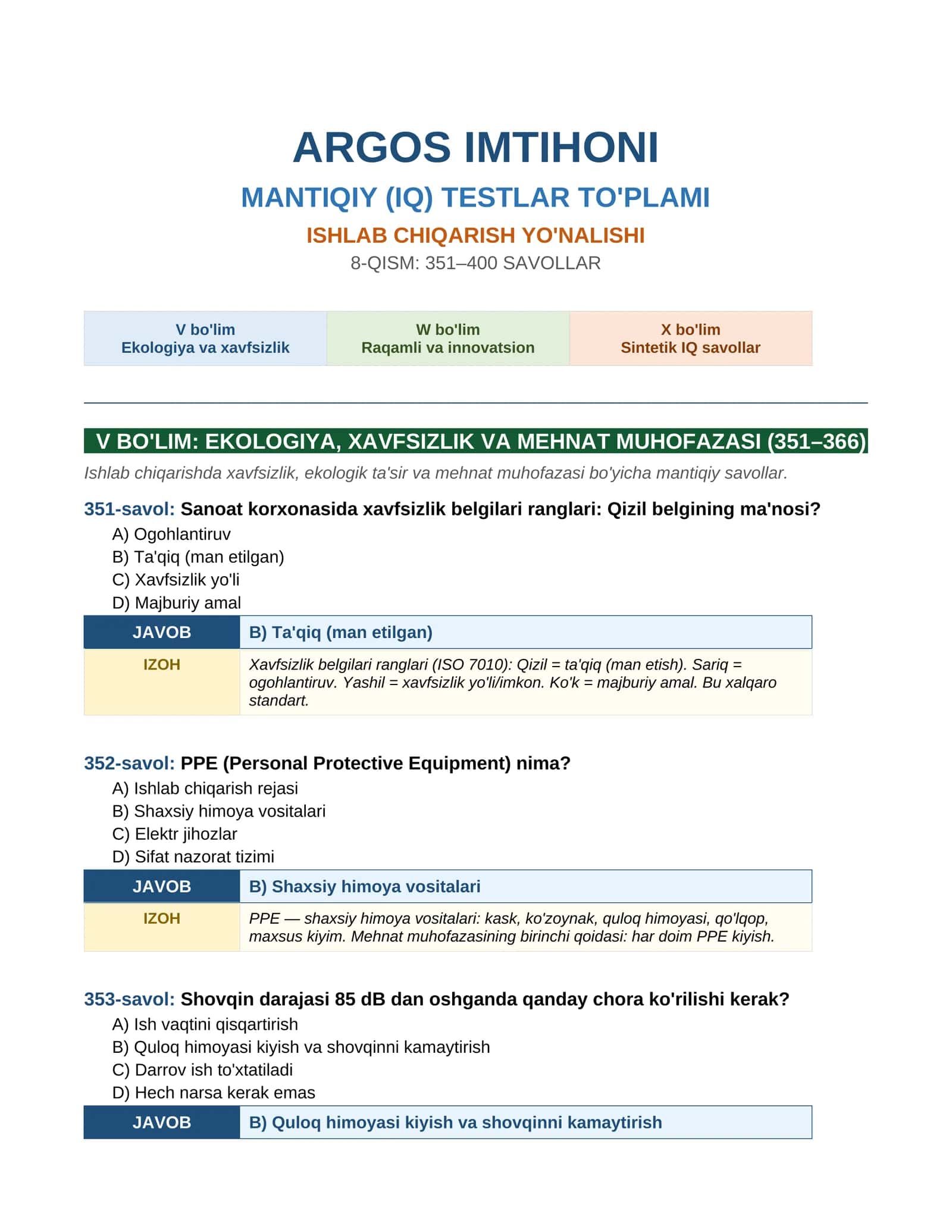 ARGOS IMTIHONI MANTIQIY (IQ) TESTLAR TO'PLAMI
