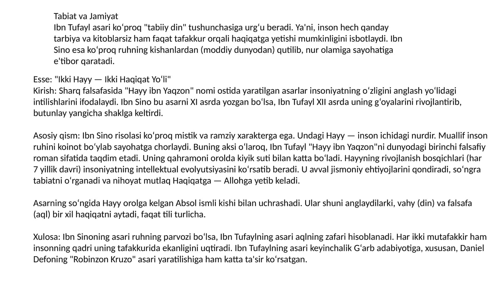 Ibn Tufayl asari "Tabiat va Jamiyat"da