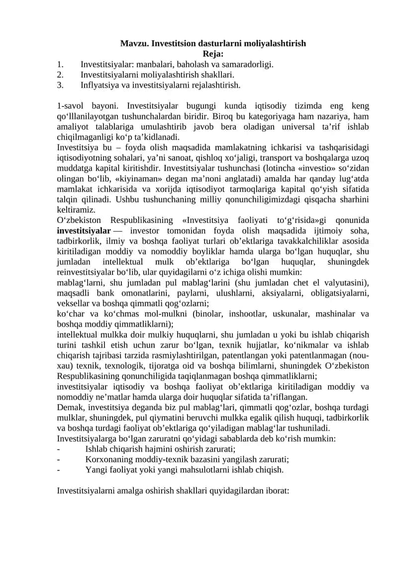 Investitsion dasturlarni moliyalashtirish