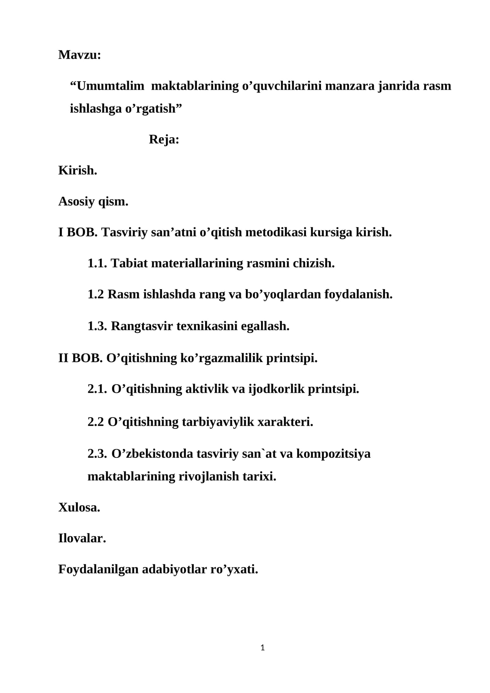 Umumta'lim maktablarida manzara janrini o'qitish metodikasi | Bitiruv malakaviy ishi | Tasviriy san'at | DOCX