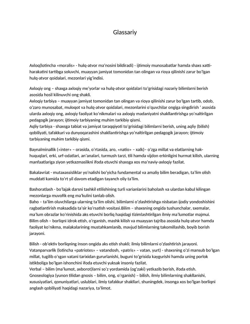 Glassariy-O'zga millat va elatlarning hak-huquqlari, muayyan jamiyat tomonidan tan olingan axloqiy tarbiya