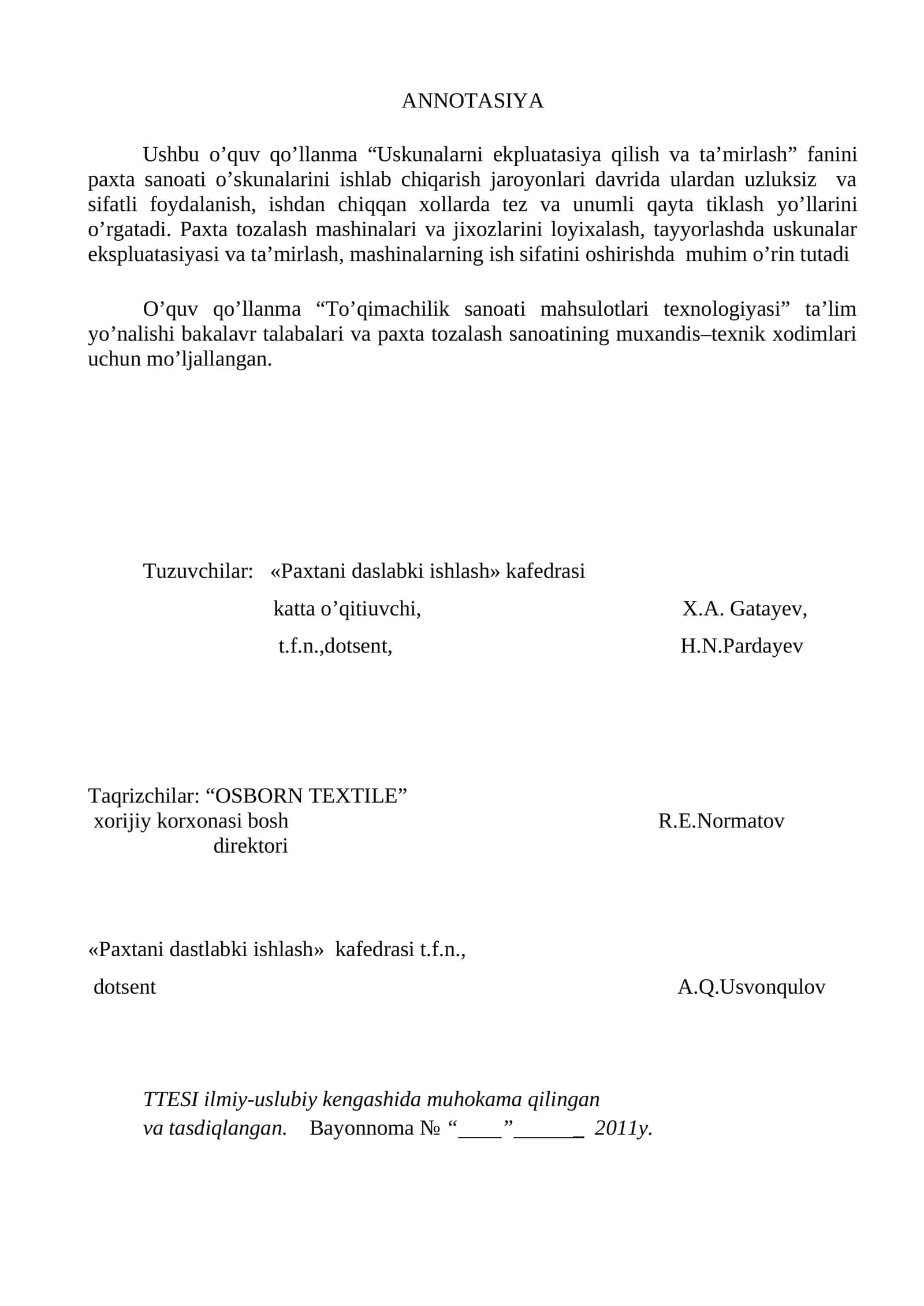 Uskunalarni ekpluatasiya qilish va ta’mirlash