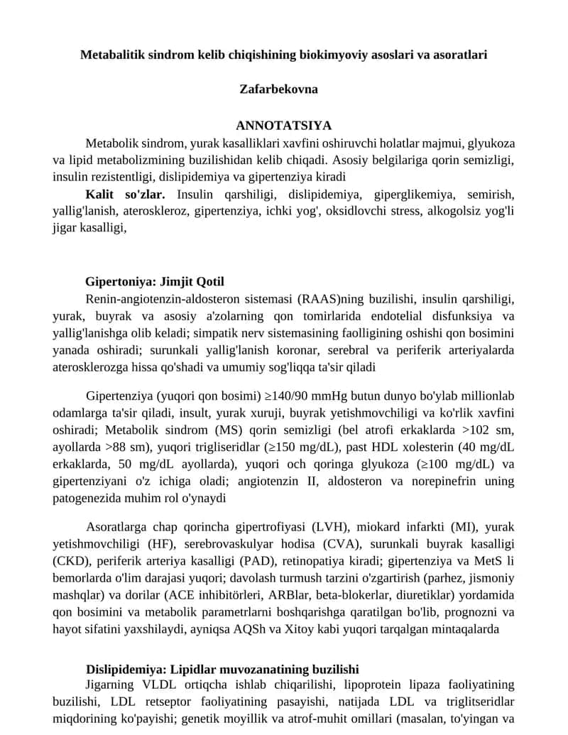 Metabalitik sindrom kelib chiqishining biokimyoviy asoslari va asoratlari