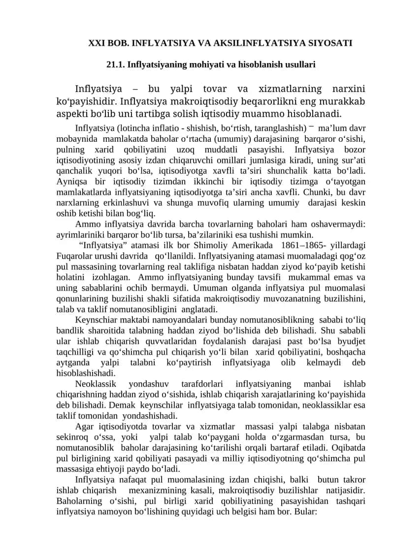 XXI BOB. INFLYATSIYA VA AKSILINFLYATSIYA SIYOSATI