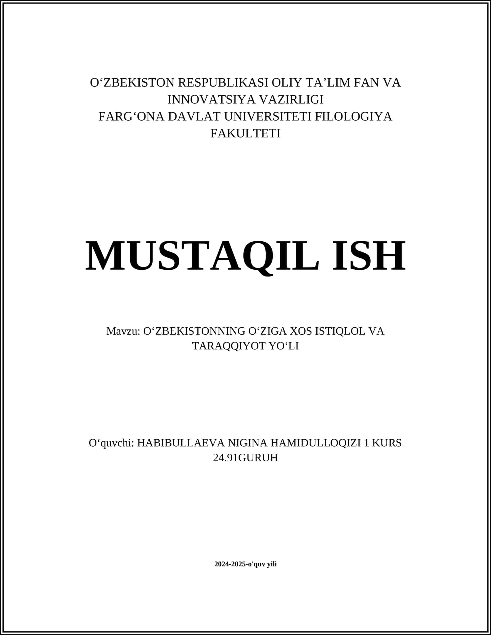 O'ZBEKISTONNING O'ZIGA XOS ISTIQLOL VA TARAQQIYOT YO'LI