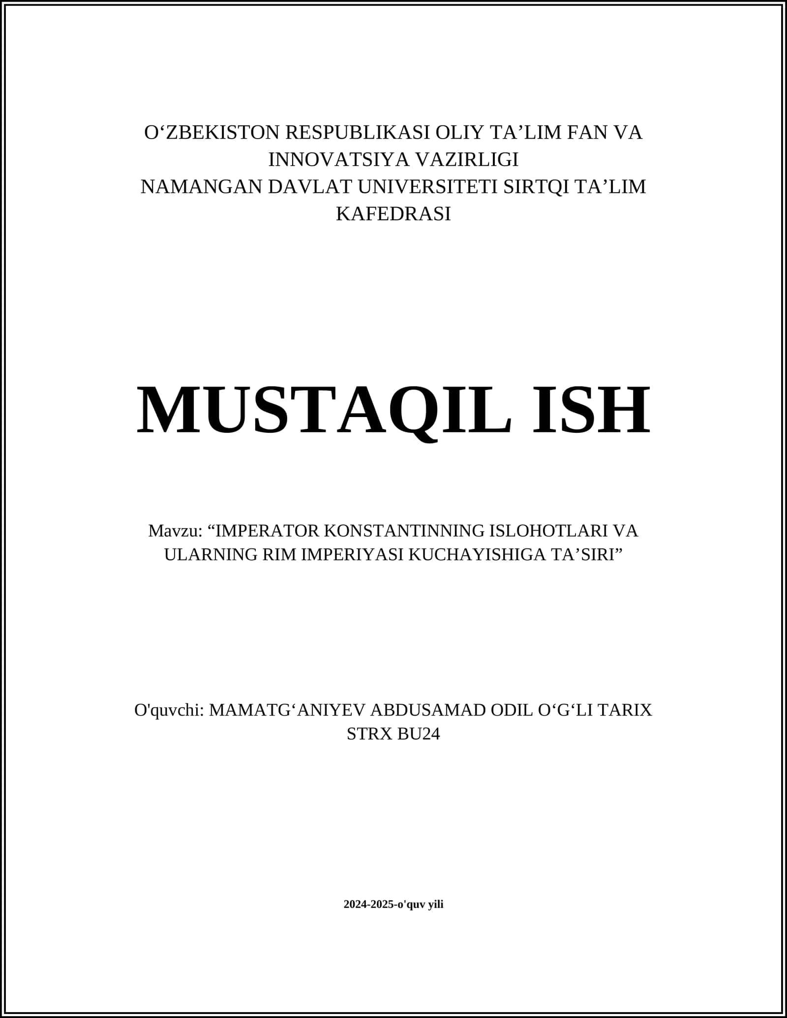 “IMPERATOR KONSTANTINNING ISLOHOTLARI VA ULARNING RIM IMPERIYASI KUCHAYISHIGA TA’SIRI”