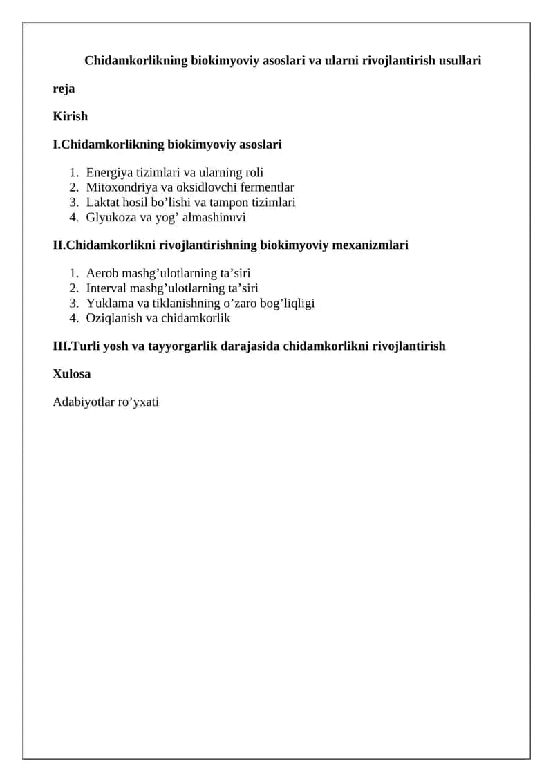 Chidamkorlikning biokimyoviy asoslari va ularni rivojlantirish usullari