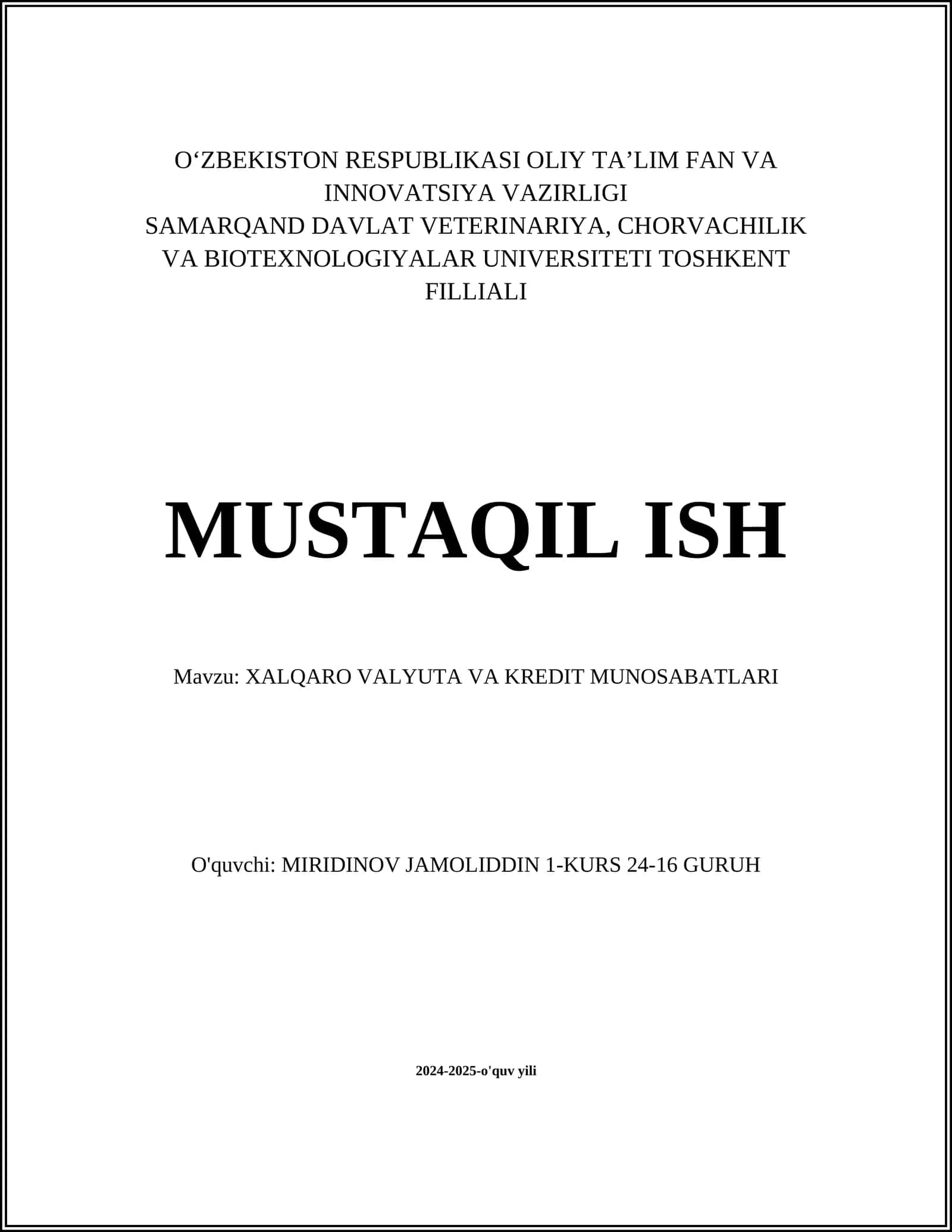 XALQARO VALYUTA VA KREDIT MUNOSABATLARI