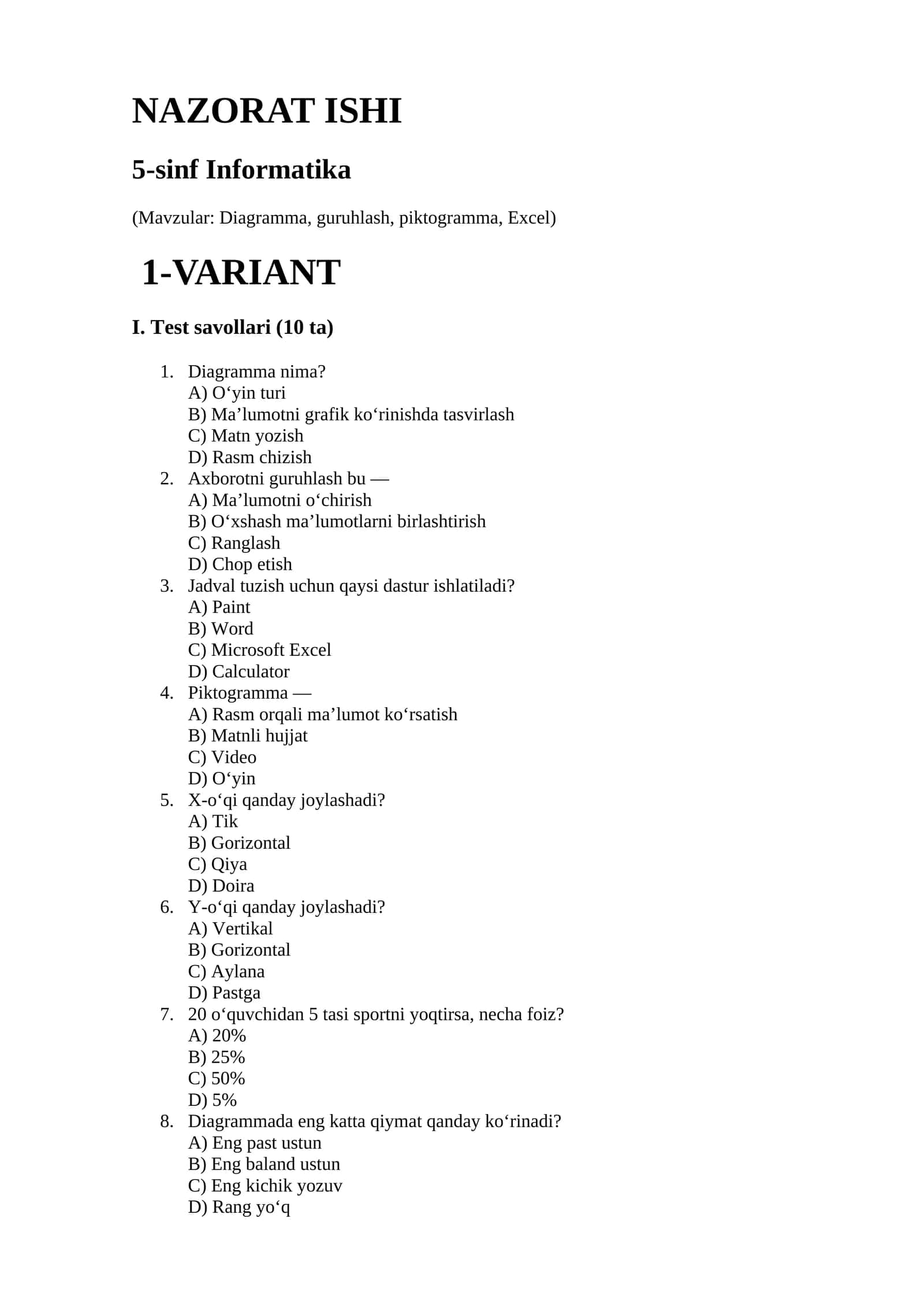 5-sinf informatika fani uchun nazorat ishi test 2 ta variantlik 10 test