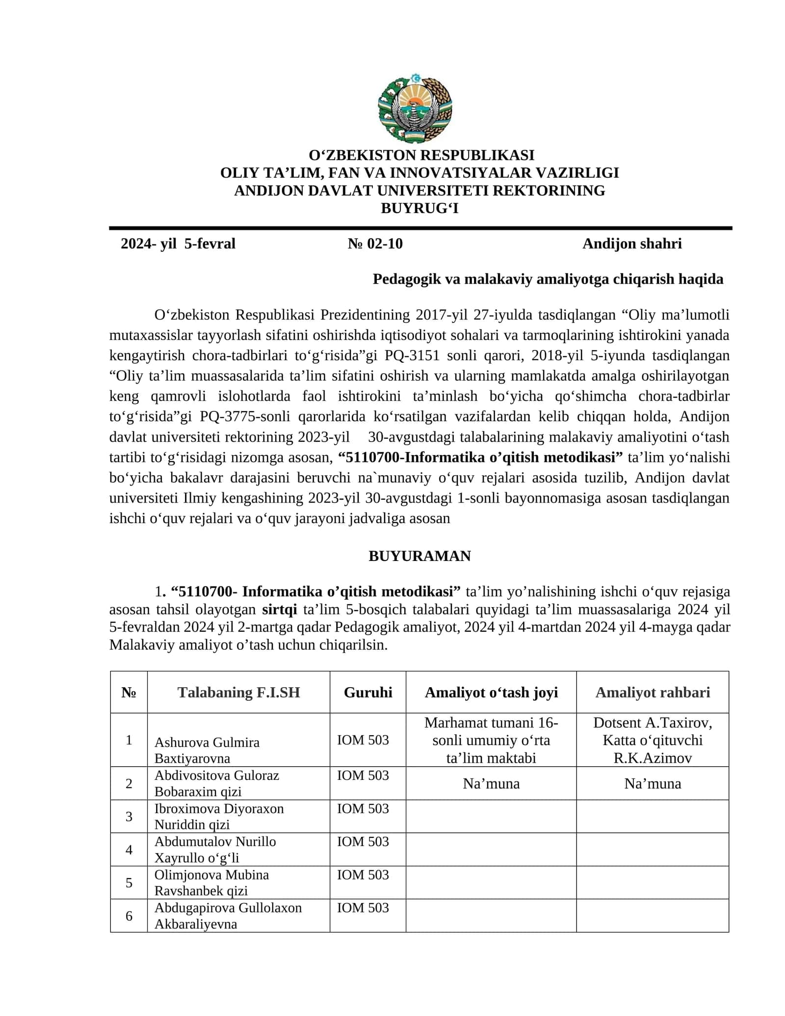 Pedagogik va malakaviy amaliyotga chiqarish haqida