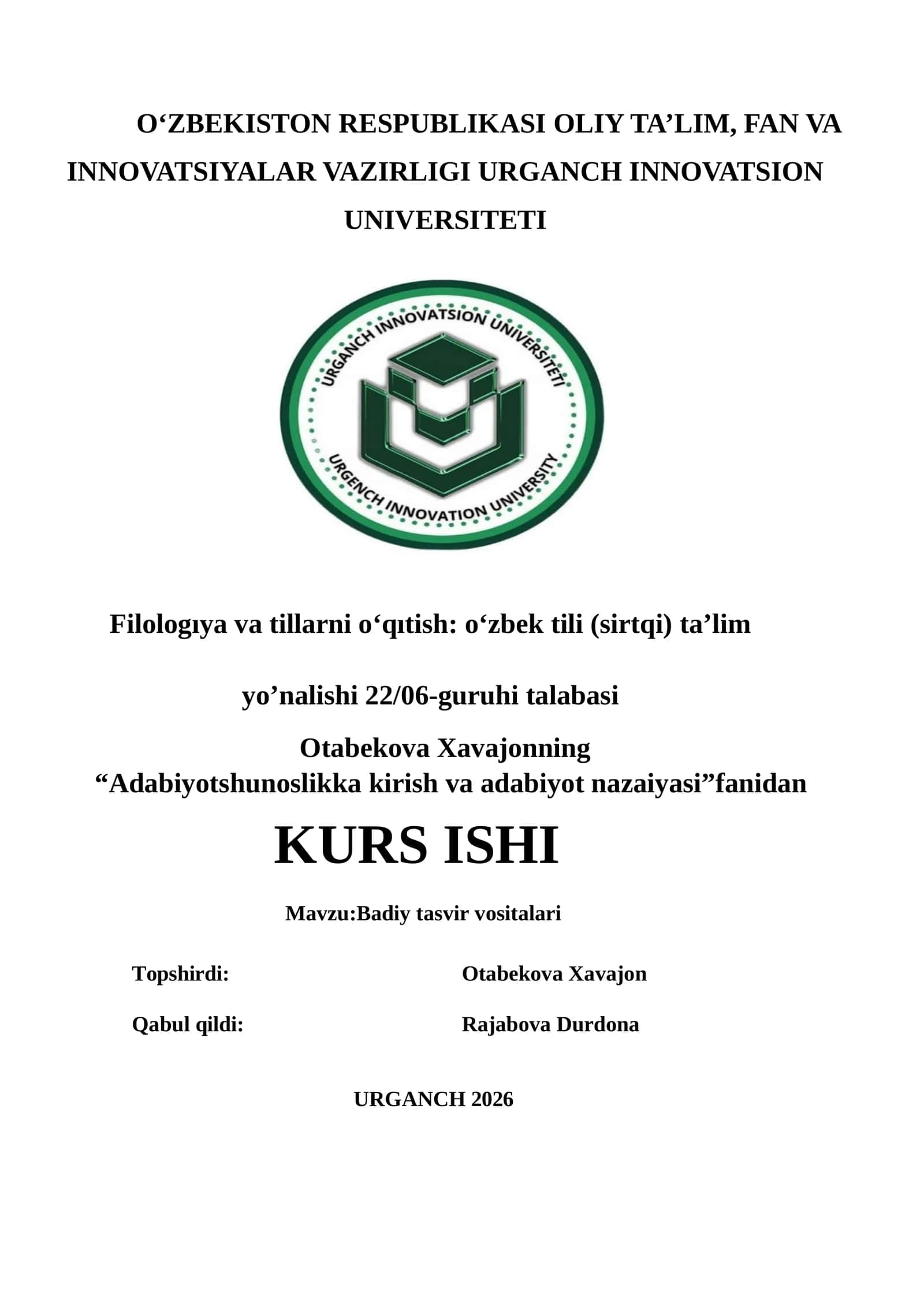 Adabiyotshunoslikka kirish va adabiyot nazariyasi fanidan kurs ishi