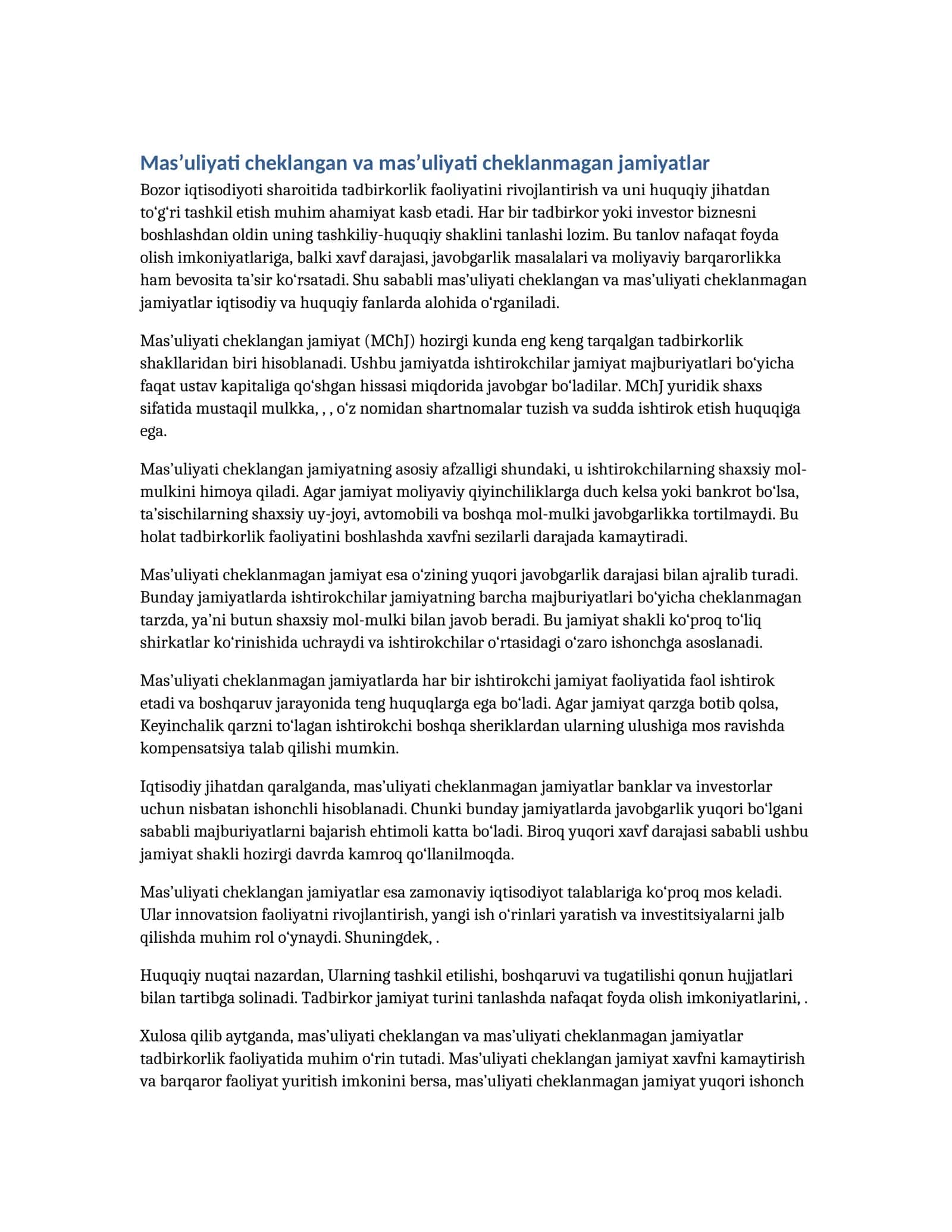 Mas’uliyati cheklangan va mas’uliyati cheklanmagan jamiyatlar