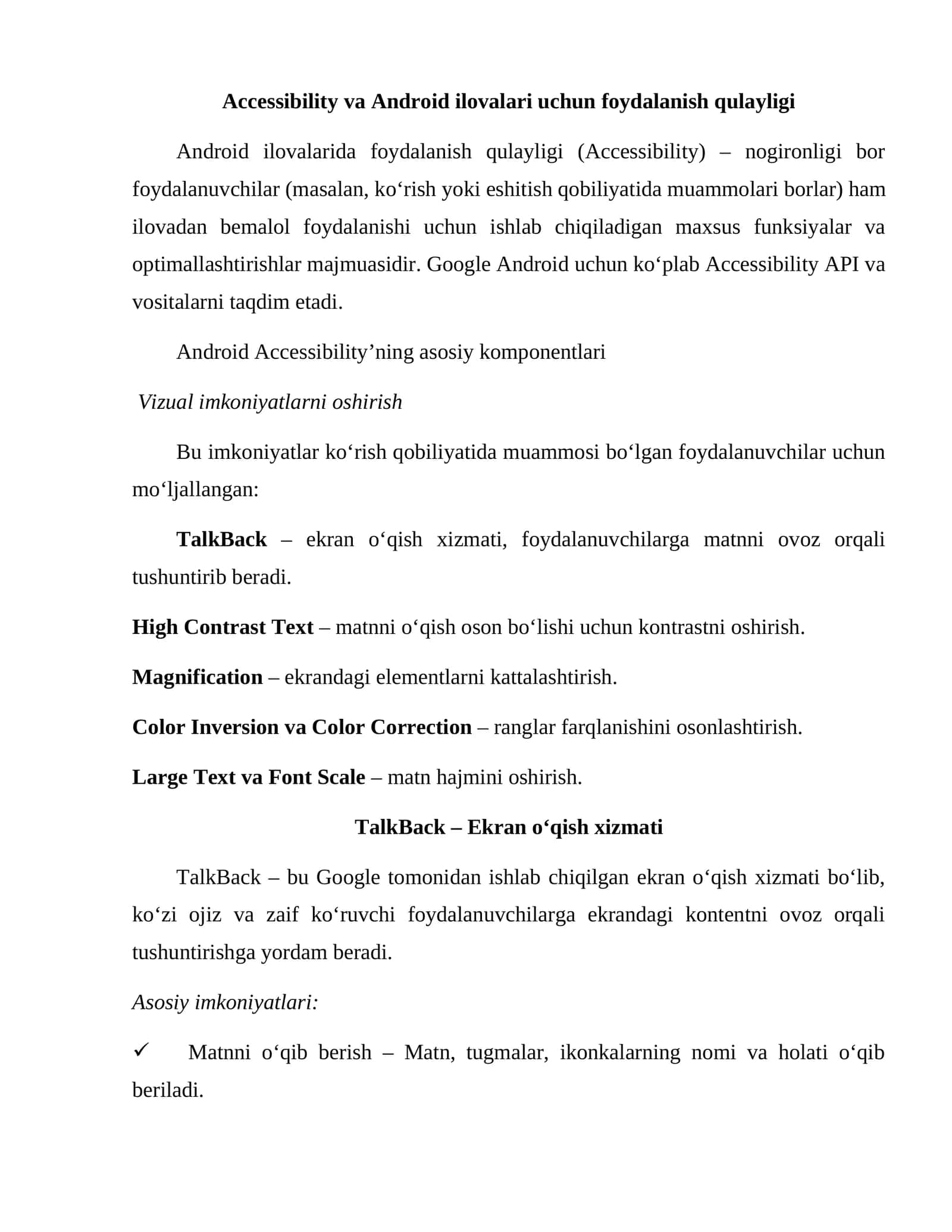 Accessibility va Android ilovalari uchun foydalanish qulayligi