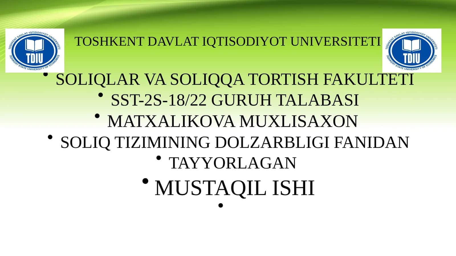 SOLIQTIZIMINING DOLZARBLIGI FANIDAN TAYYORLAGAN
