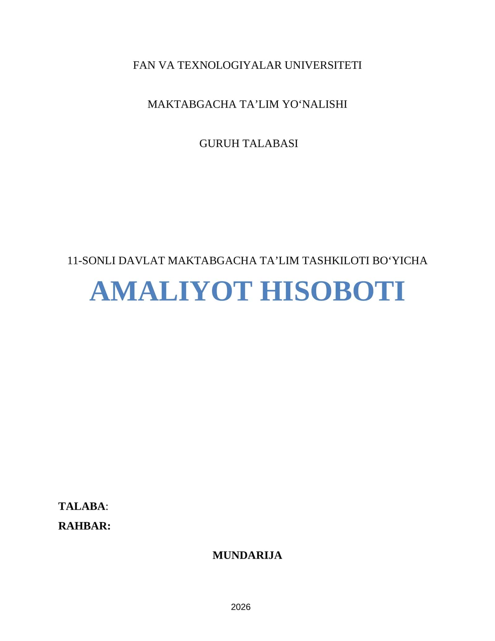 AMALIYOT HISOBOTI. Bog'cha bo'yicha (MTT)