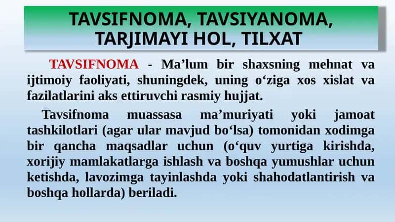 TAVSIFNOMA, TAVSIYANOMA, TARJIMAYI HOL, TILXAT