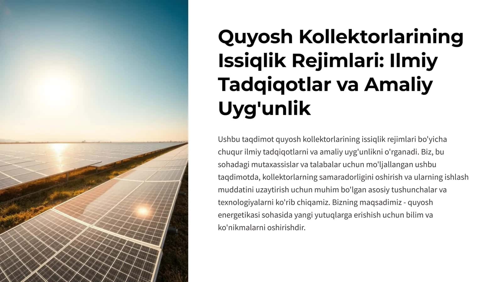 Quyosh Kollektorlarining Issiqlik Rejimlari Ilmiy Tadqiqotlar va Amaliy Uyg'unlik