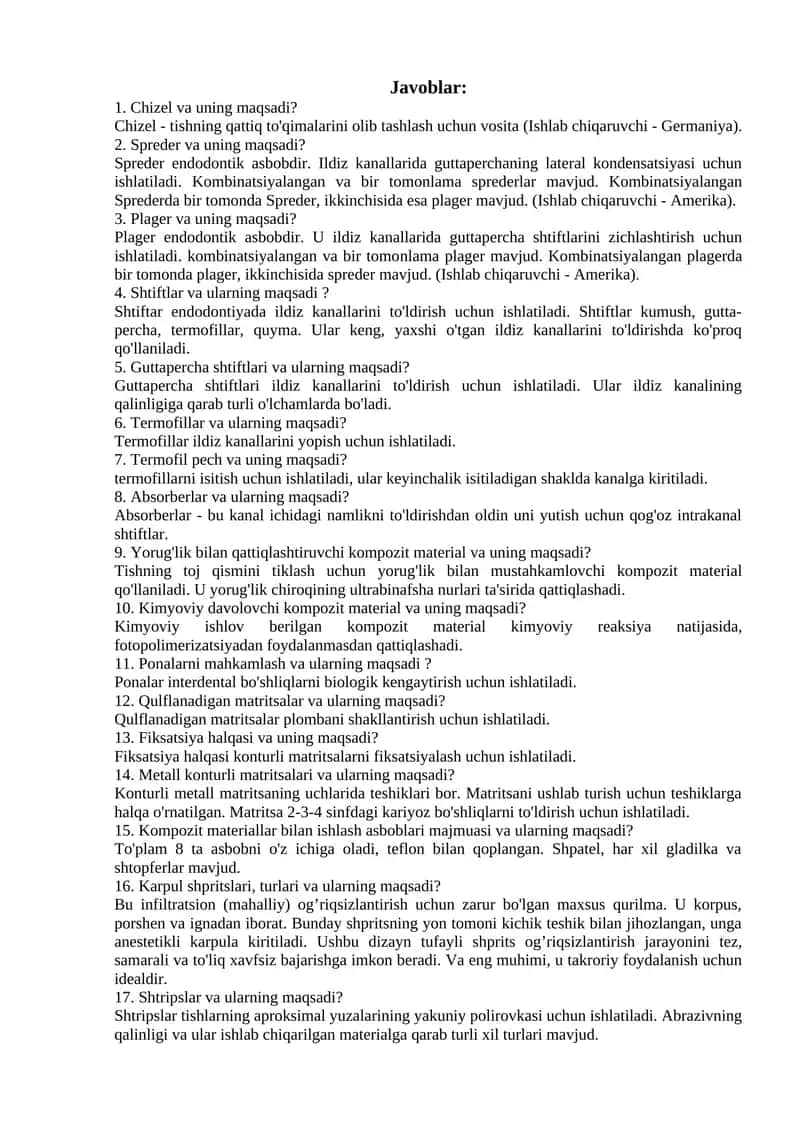 Stomatologik asboblar haqida savol-javoblar