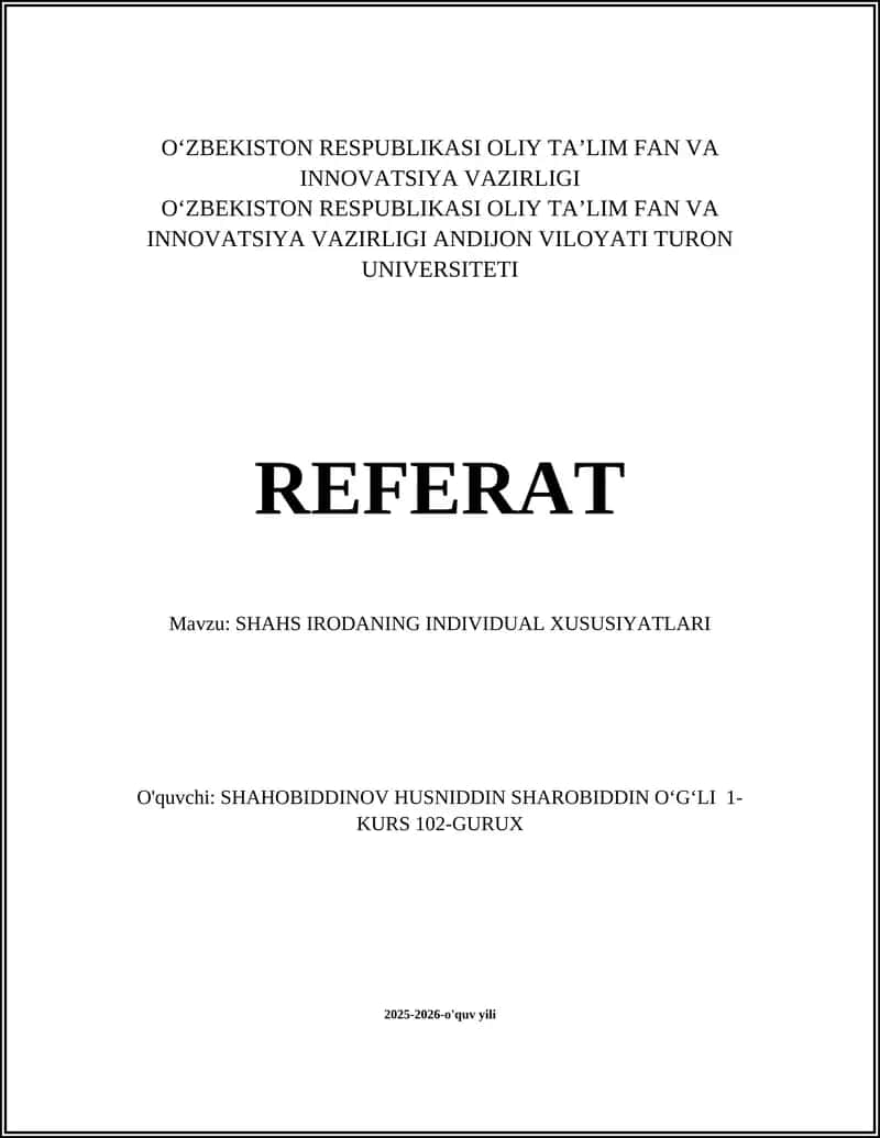 SHAHS IRODANING INDIVIDUAL XUSUSIYATLARI