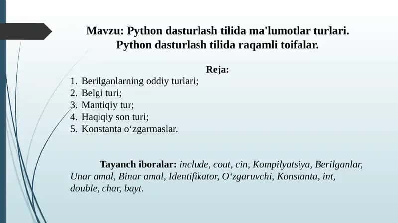 Python dasturlash tilida ma'lumotlar turlari. Python dasturlash tilida raqamli toifalar.