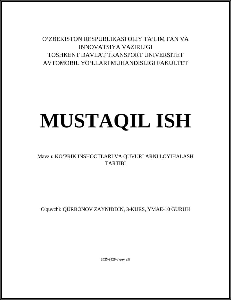 KOʻPRIK INSHOOTLARI VA QUVURLARNI LOYIHALASH TARTIBI