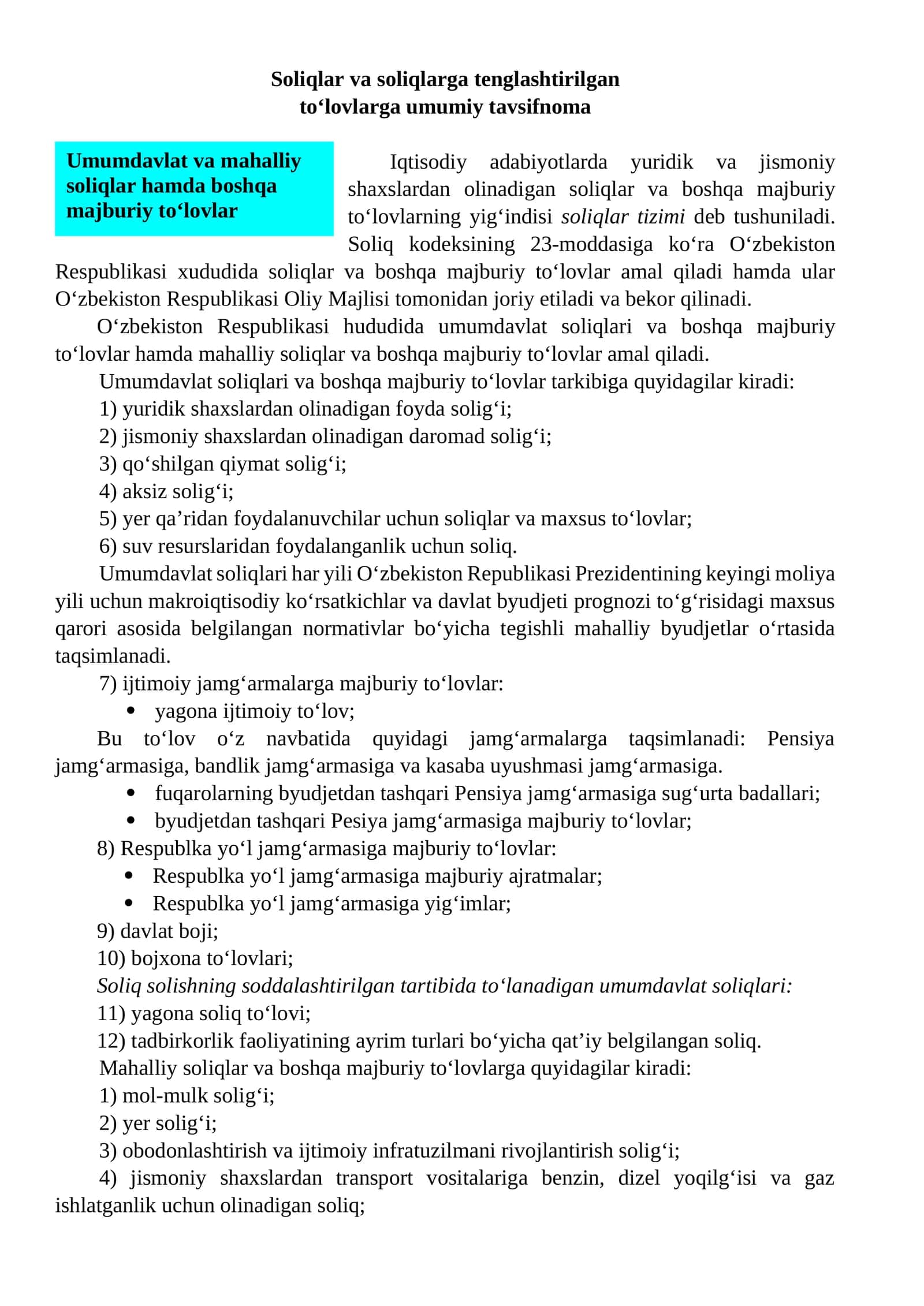 Soliqlar va soliqlarga tenglashtirilgan to‘lovlarga umumiy tavsifnoma