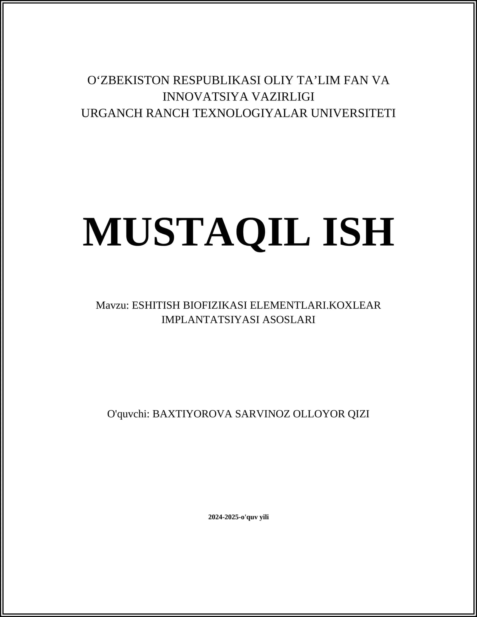 ESHITISH BIOFIZIKASI ELEMENTLARI.KOXLEAR IMPLANTATSIYASI ASOSLARI