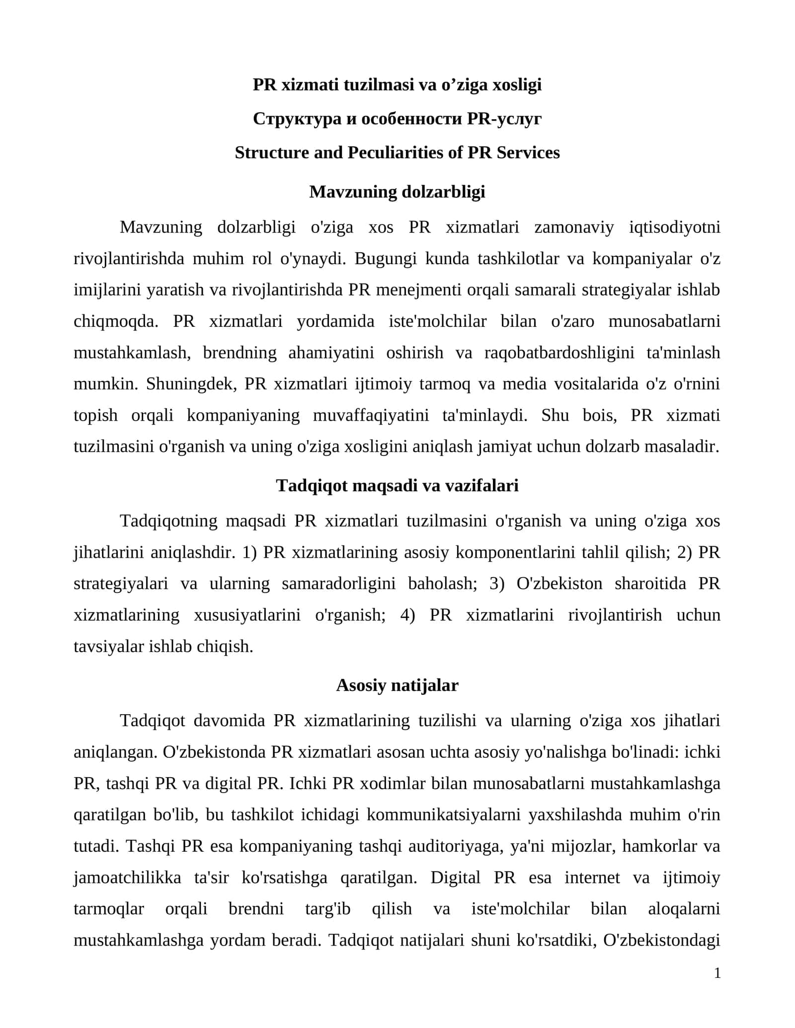 Mavzuning dolzarbligi