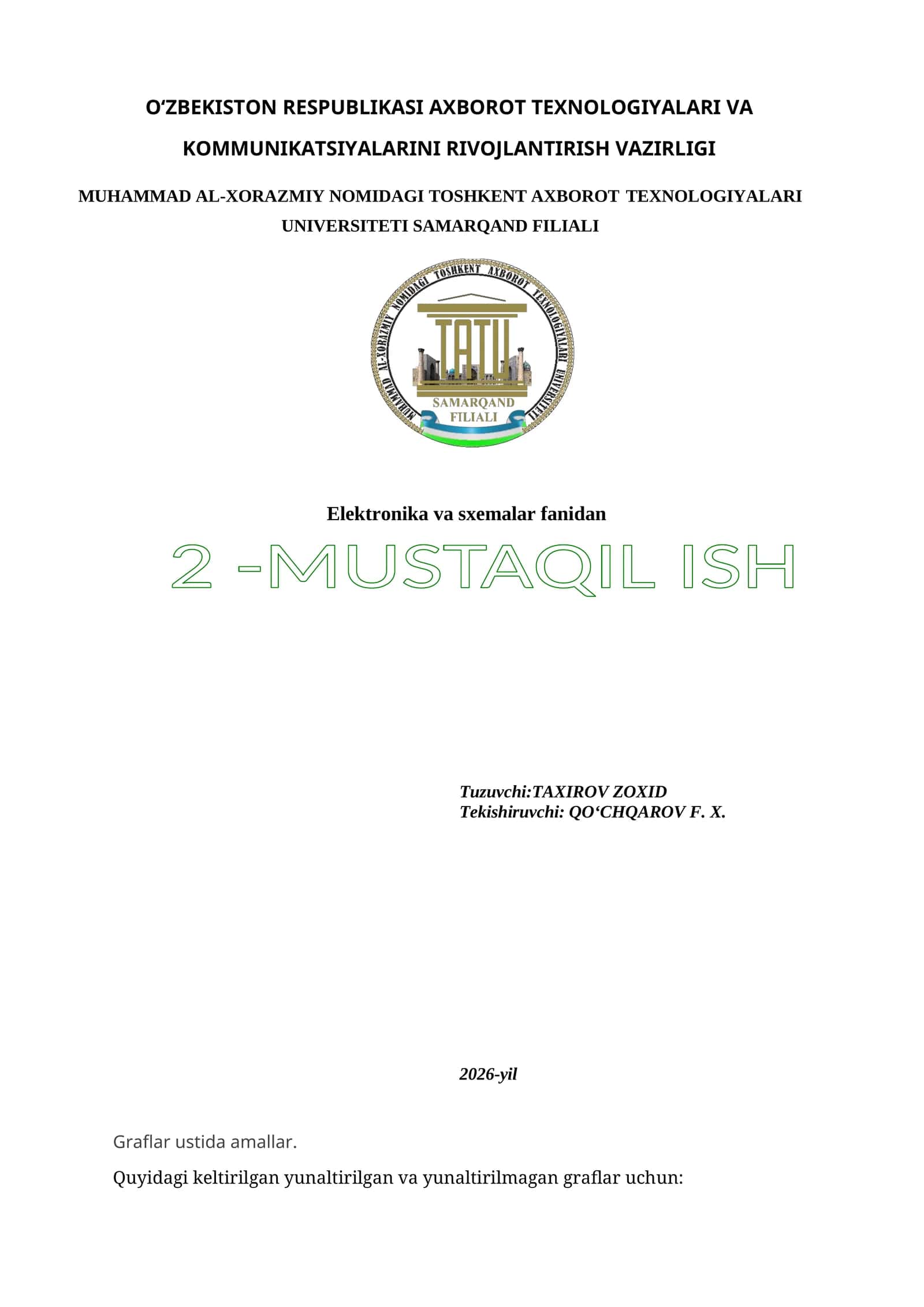 Elektronika va sxemalar fanidan 2 -MUSTAQIL ISH