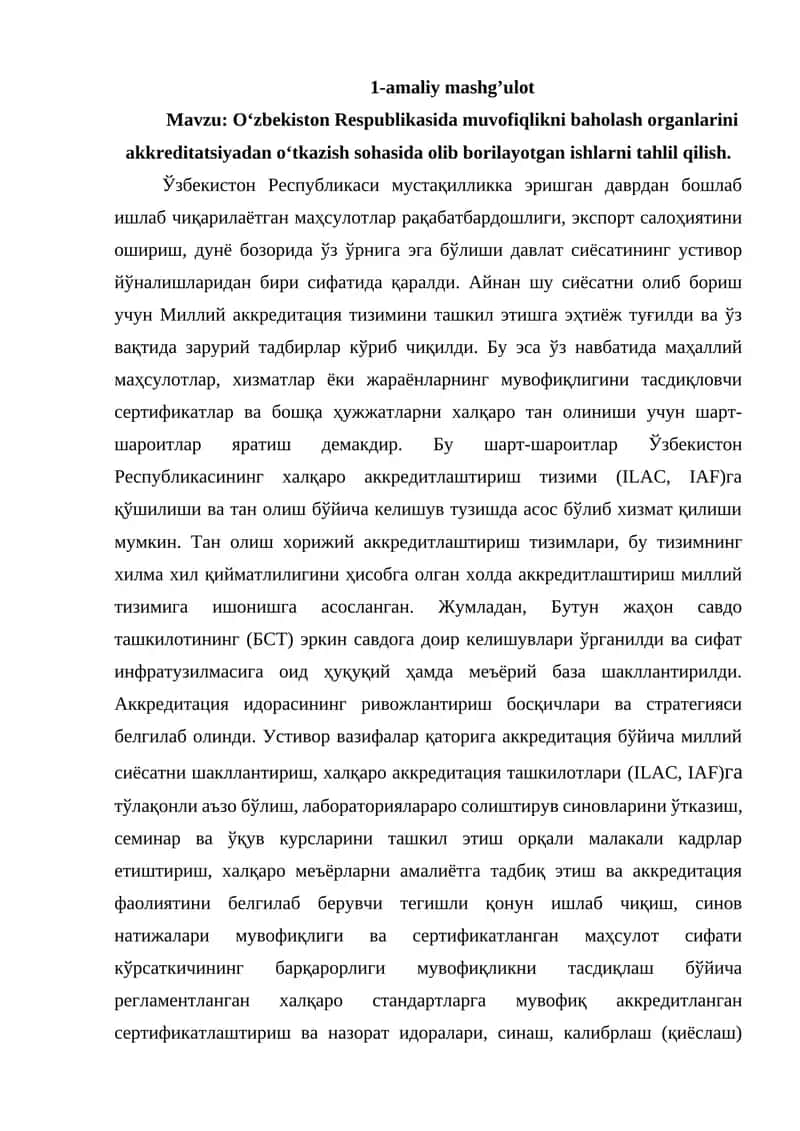 O‘zbekiston Respublikasida muvofiqlikni baholash organlarini akkreditatsiyadan o‘tkazish sohasida olib borilayotgan ishlarni tahlil qilish